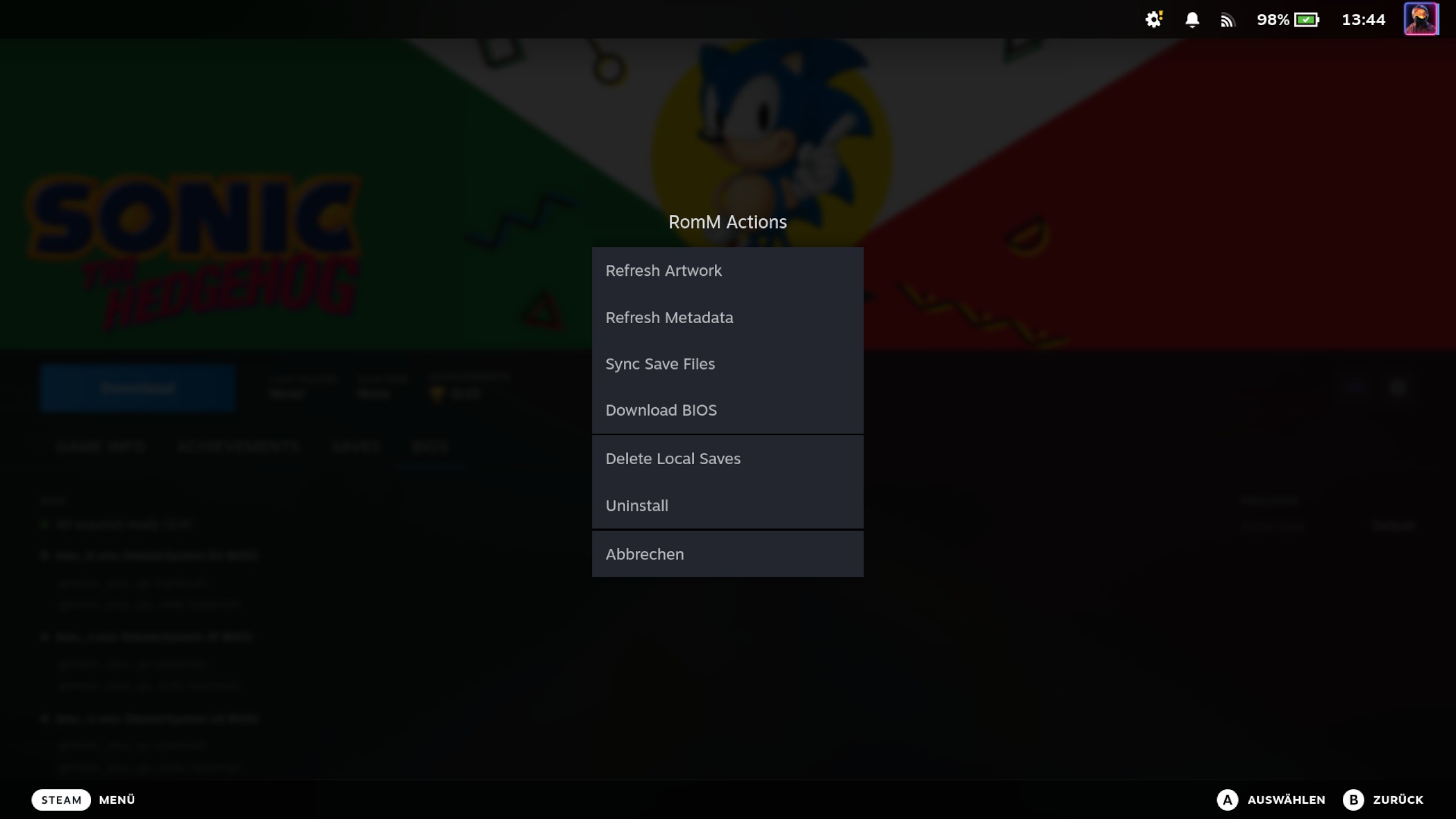 RomM Actions context menu with Refresh Artwork, Sync Save Files, Download BIOS, and Uninstall entries