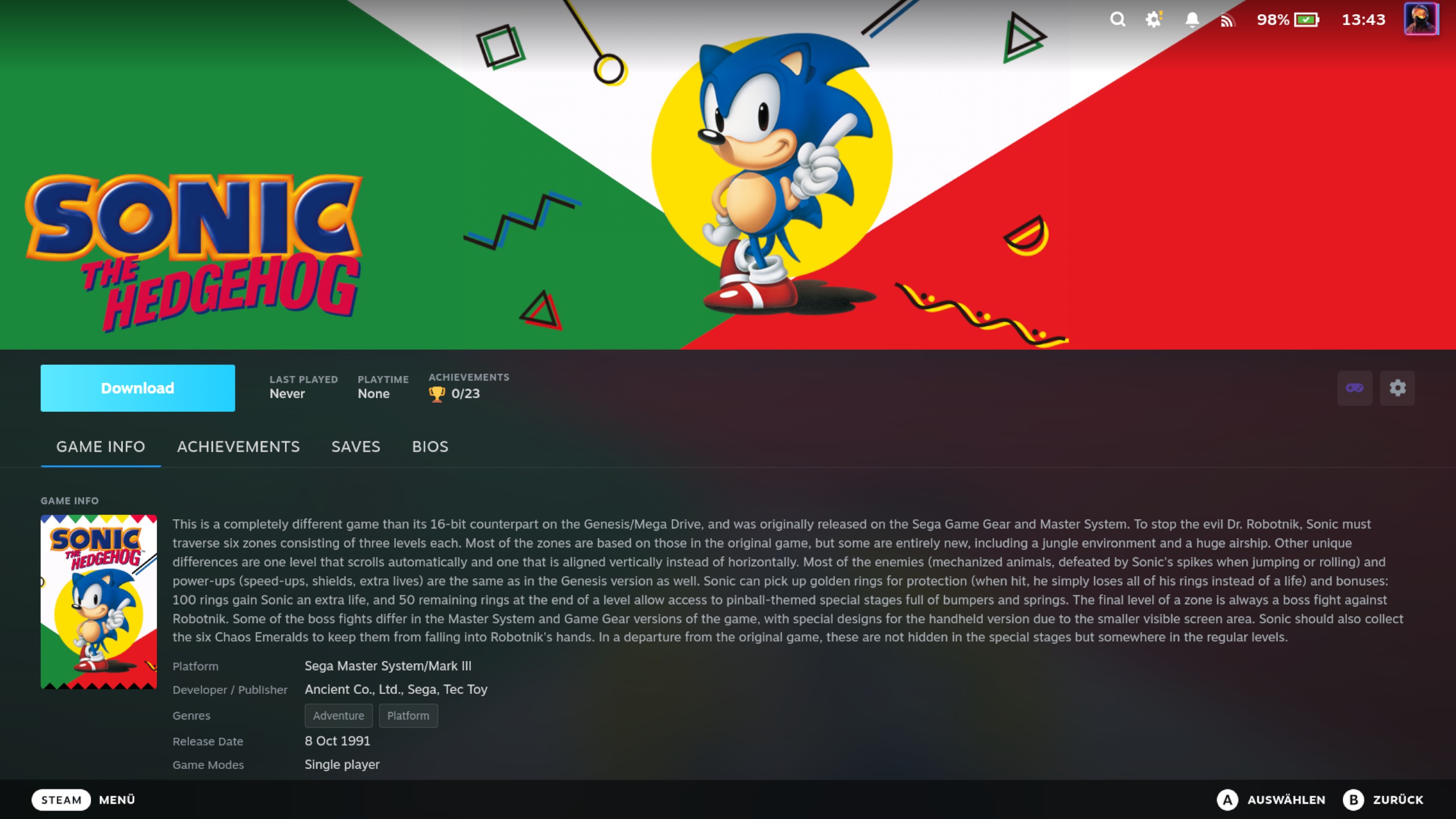A RomM game's detail page in Steam showing the injected Tender panel